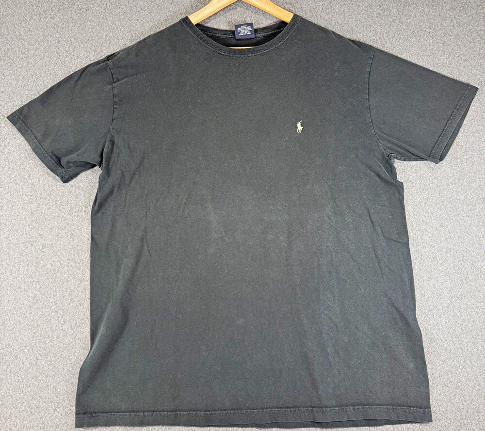 Polo Ralph Lauren Mens L Faded Black T Shirt Yellow Pony Cotton Crew Neck READ